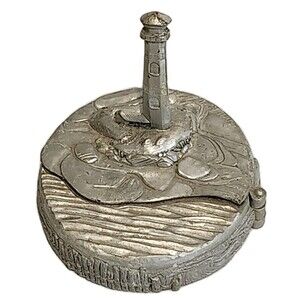 Vintage Signed Blue Mist Pewter Canada Lighthouse Seagulls Coaster Set